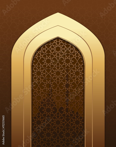 Islamic doorway view Arabian night. Islamic pattern for Muslim celebration. Arch in the mosque. Islamic architecture. Vector illustration