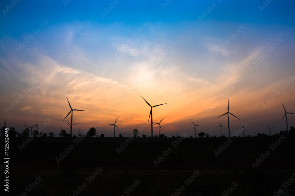 The twilight at wind turbine farm in Thailand