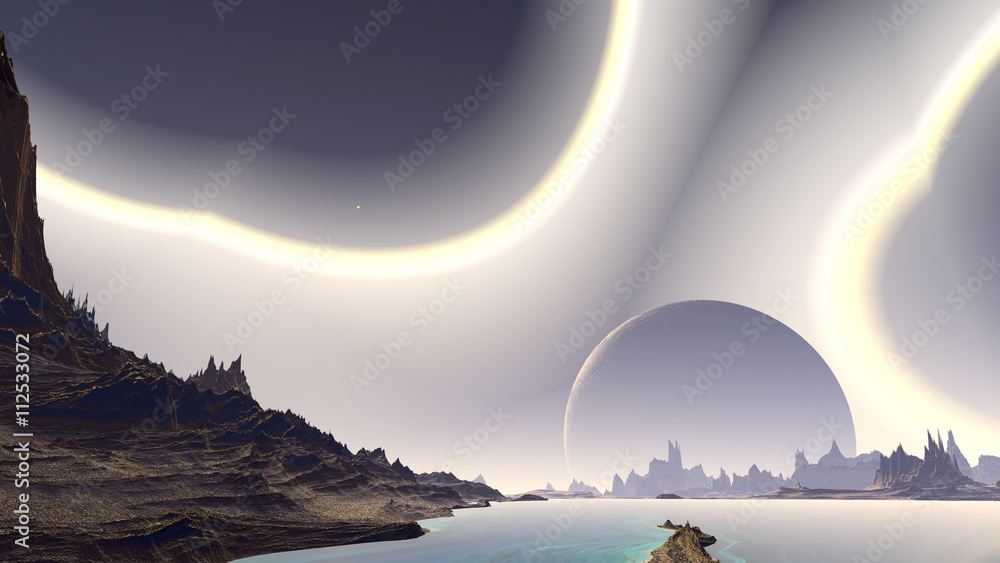 Fantasy alien planet. Rocks and lake. 3D illustration Fantasy alien planet. Rocks and lake. 3D illustration