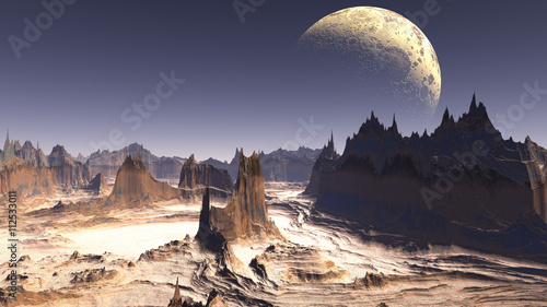 Fantasy alien planet. Rocks and sky. 3D illustration