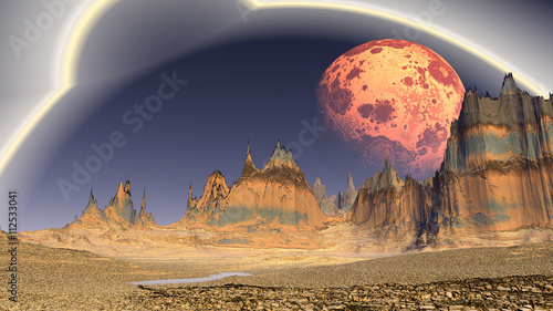 Fantasy alien planet. Rocks and sky. 3D illustration