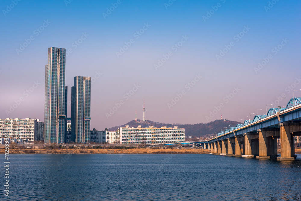 Dongjak Bridge and Seoul tower at Han river  in Seoul, South Kor