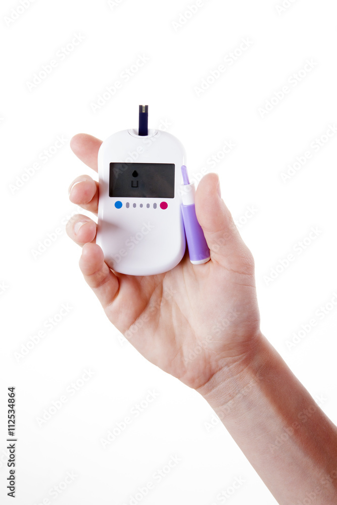 Diabetes composition glucometer in woman hand for measuring glucose level blood test isolated on a white background