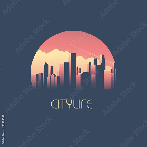 Modern cityscape with skyscrapers in sunrise or sunet vector illustration. Skyline background as business corporate symbol.