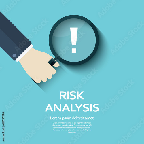 Risk analysis vector illustration background with magnifying glass and exclamation mark.