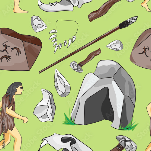 Prehistoric stone age icons set pattern