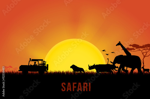 Vector illustration of Africa landscape with wildlife and sunset background. Safari theme