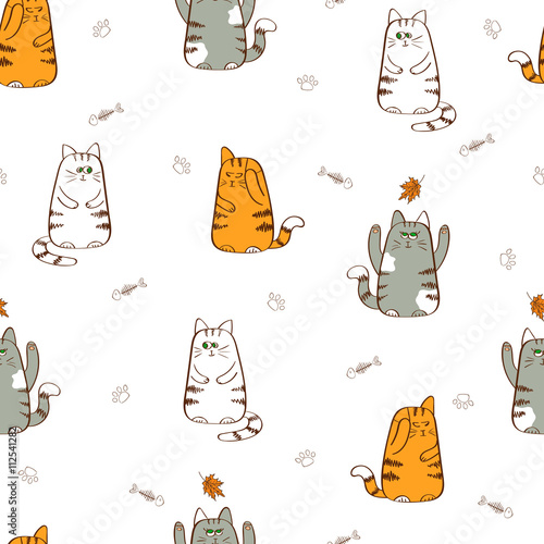 Cute cats seamless pattern. Hand drawn kittens. Vector background with funny cats isolated on white.  