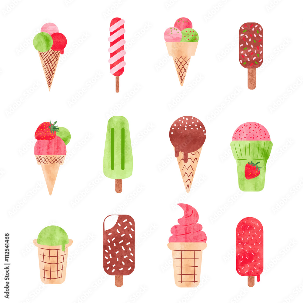 Watercolor ice cream set. Ice cream on stick, ice lolly and cones isolated on white. Vector illustration. Watercolor ice cream set. Ice cream on stick, ice lolly and cones isolated on white. Vector illustration.