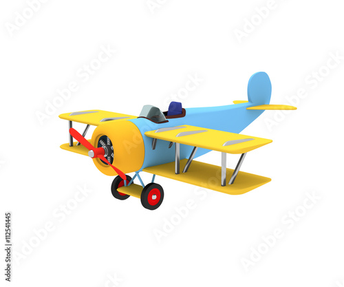 Vintage plane blue with yellow wings on a white background. Rend