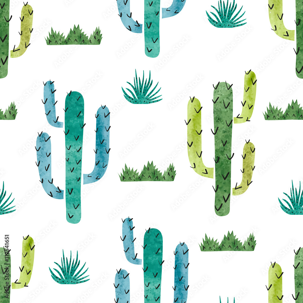 Watercolor cactus seamless pattern. Vector background with green and blue cactus isolated on white. 