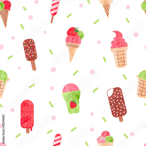 Watercolor ice cream seamless pattern. Vector background with colorful ice cream on stick, ice lolly and cone. 