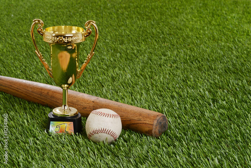 Photography closeup baseball trophy with bat and hard ball