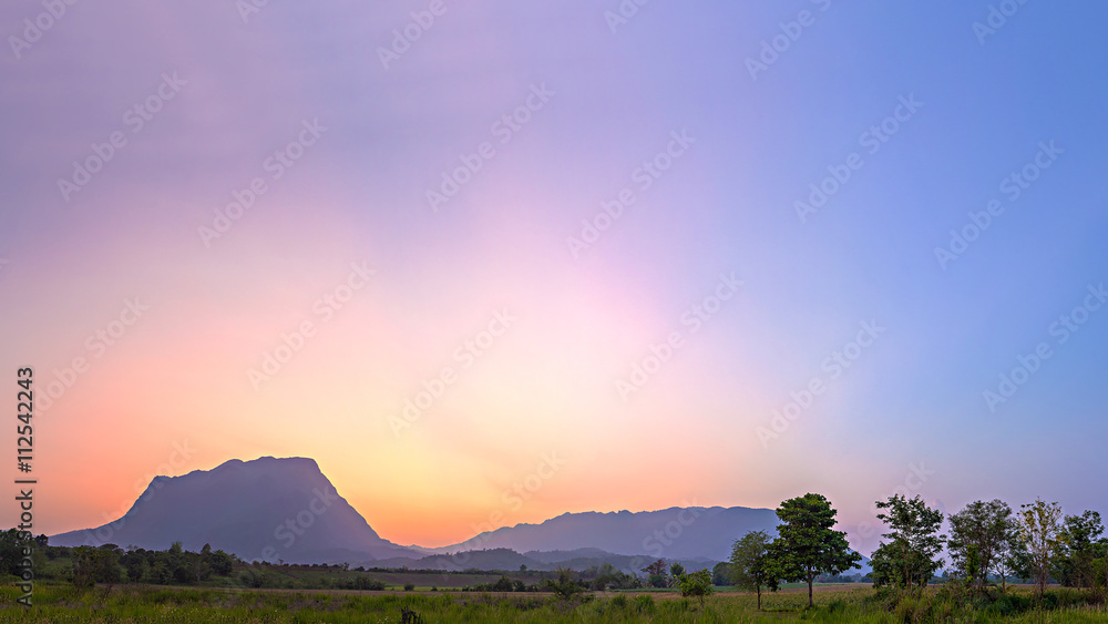 Panorama of Chiang Dao big mountain in twilight - Chiang Mai, Thailand. Focus on peak. Copy space