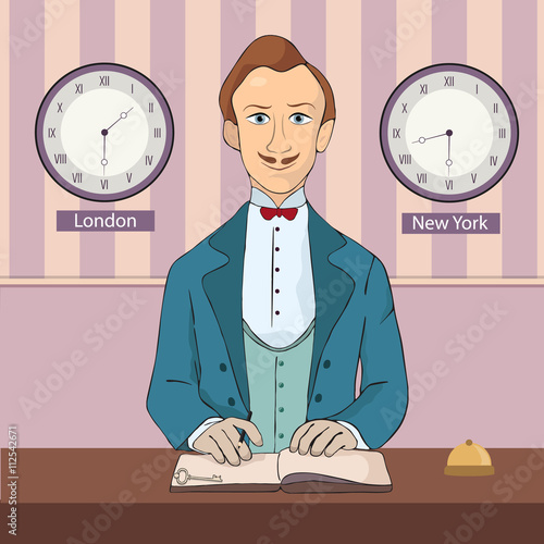 male receptionist standing at hotel reception