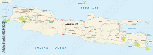 vector roads and national park map of the Indonesian island java