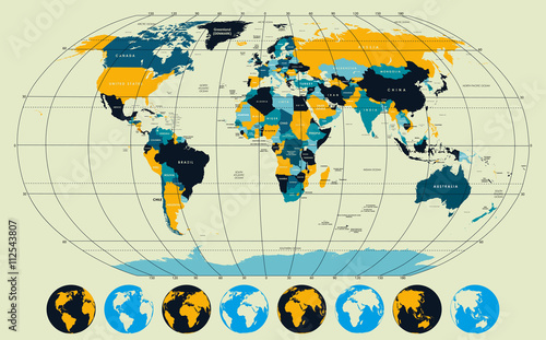 High detailed, world map with meridians and parallels