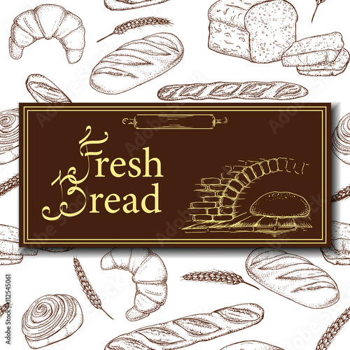 Vector design for bakery or baking shop with hand drawn bread illustration. Vintage bakery sketch background. Seamless pattern