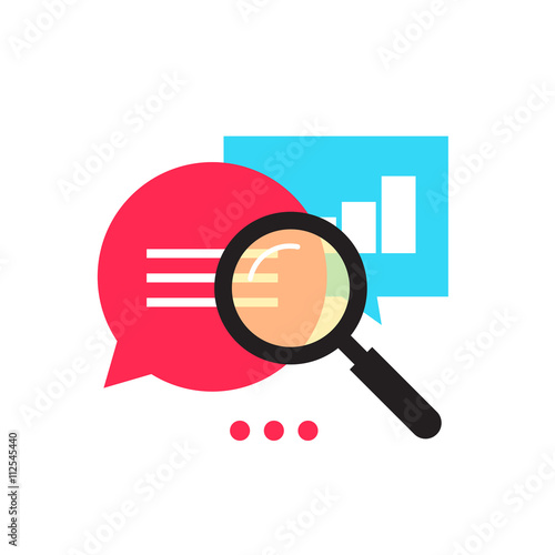 Data analytics vector icon, analyzing information statistic, search optimization, investigation process, analytics research diagram, bubble speech magnifier flat illustration design isolated on white