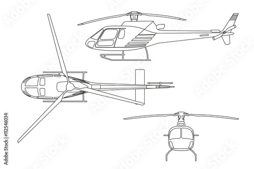 Outline drawing of helicopter on white background. Top view, sid