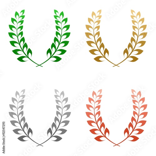 Set of four colored green laurel wreath gold, silver and bronze composed of two branches with colorful leaves and stems for the first, second and third place for winner on a white background