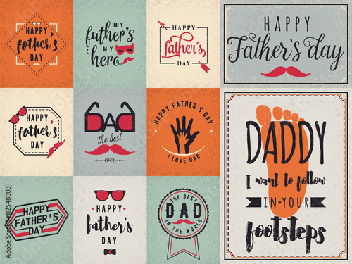 Happy fathers day wishes background, lettering labels design set. Retro father badges. Hand drawn emblems with tie, mustache, glasses, hand. Set card for photo greeting web, print.