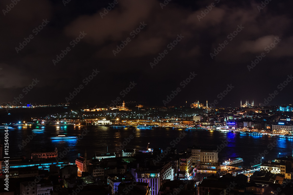 Aerial view of the Bosphorus from the Galata Tower at night. Istanbul, Turkey. Aerial view of the Bosphorus from the Galata Tower at night. Istanbul, Turkey.