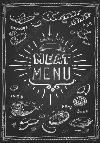Retro meat menu icons on chalkboard with lamb chops sausage