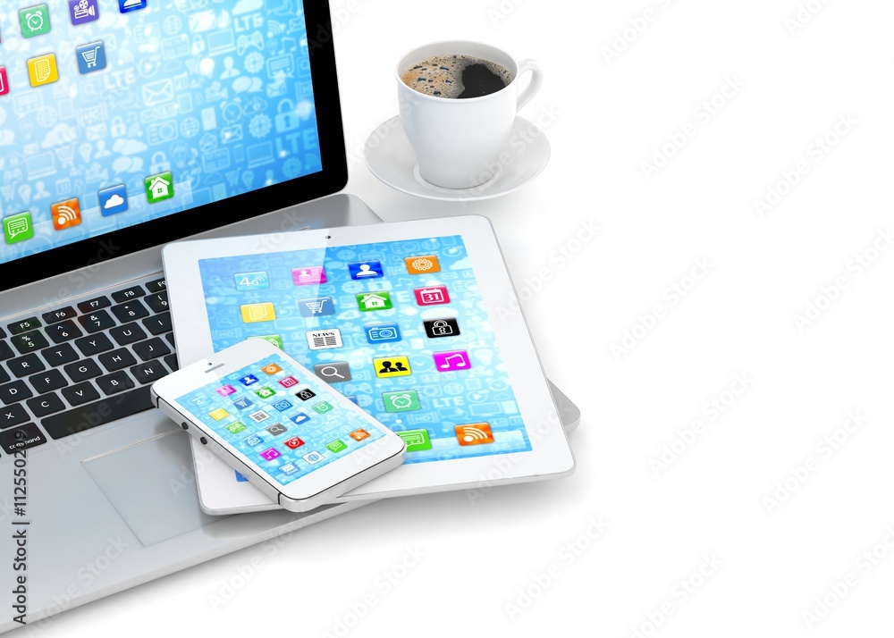 Laptop, phone and tablet pc. 3d rendering. Laptop, phone and tablet pc. 3d rendering.