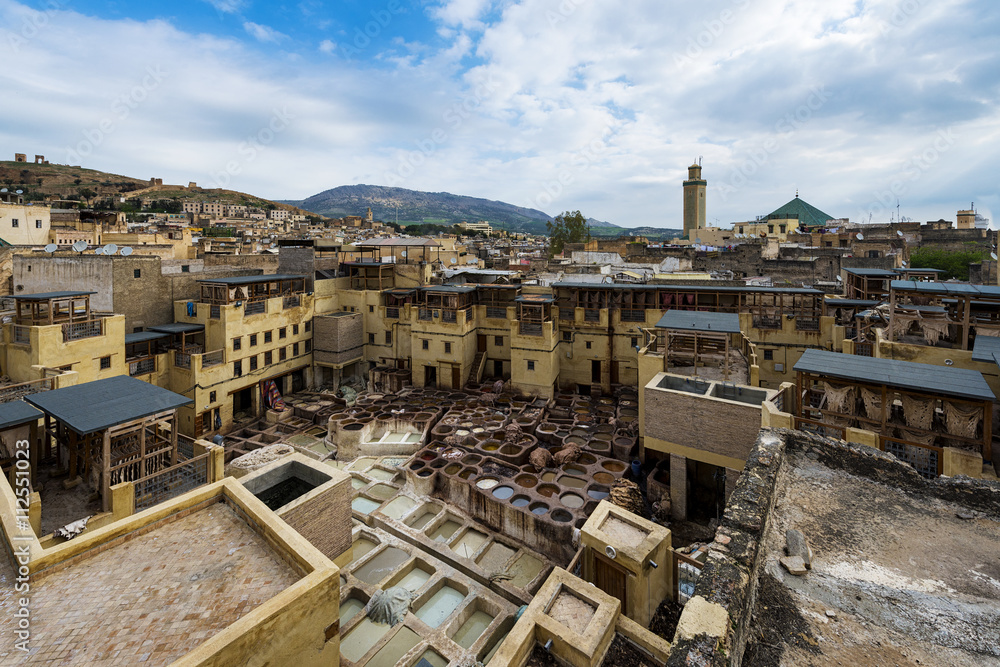View of a tannery in the city of Fez, in Morocco