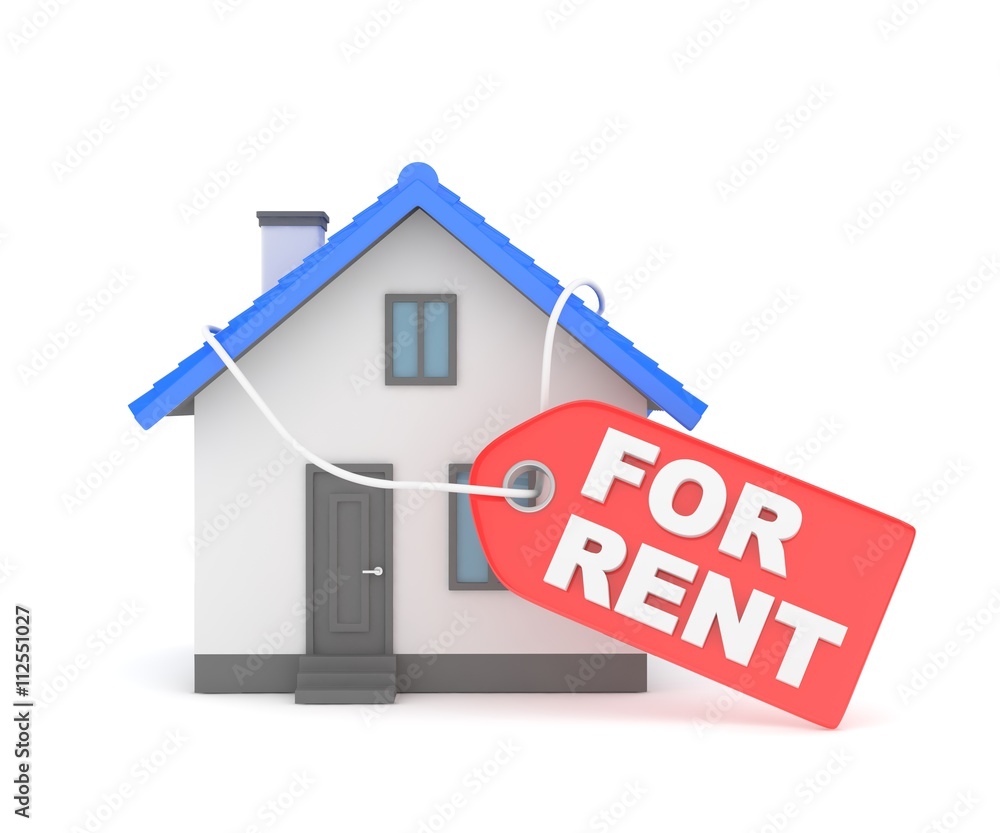 Miniature model of house real estate for rent label on white background. 3D rendering. Miniature model of house real estate for rent label on white background. 3D rendering.