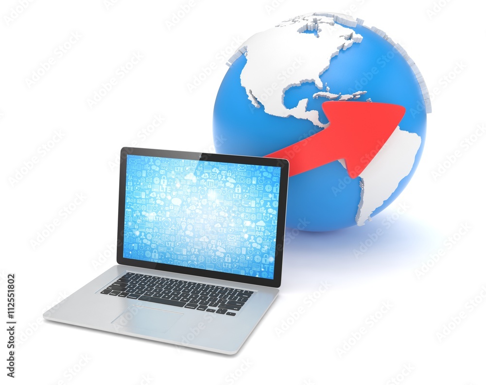 Laptop network and earth globe. 3d render Laptop network and earth globe. 3d render