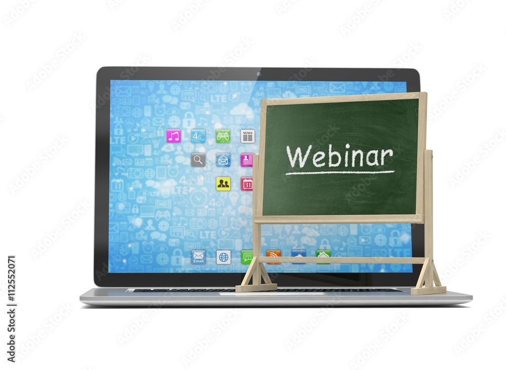 Laptop with chalkboard, webinar, online education concept. 3d rendering. Laptop with chalkboard, webinar, online education concept. 3d rendering.