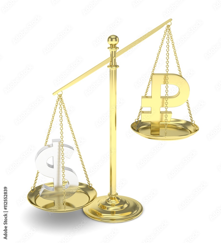 Isolated old fashioned pan scale with dollar and ruble on white background. American and russian currency. Dollar is heavier. Silver usd, golden rouble. 3D rendering. Isolated old fashioned pan scale with dollar and ruble on white background. American and russian currency. Dollar is heavier. Silver usd, golden rouble. 3D rendering.