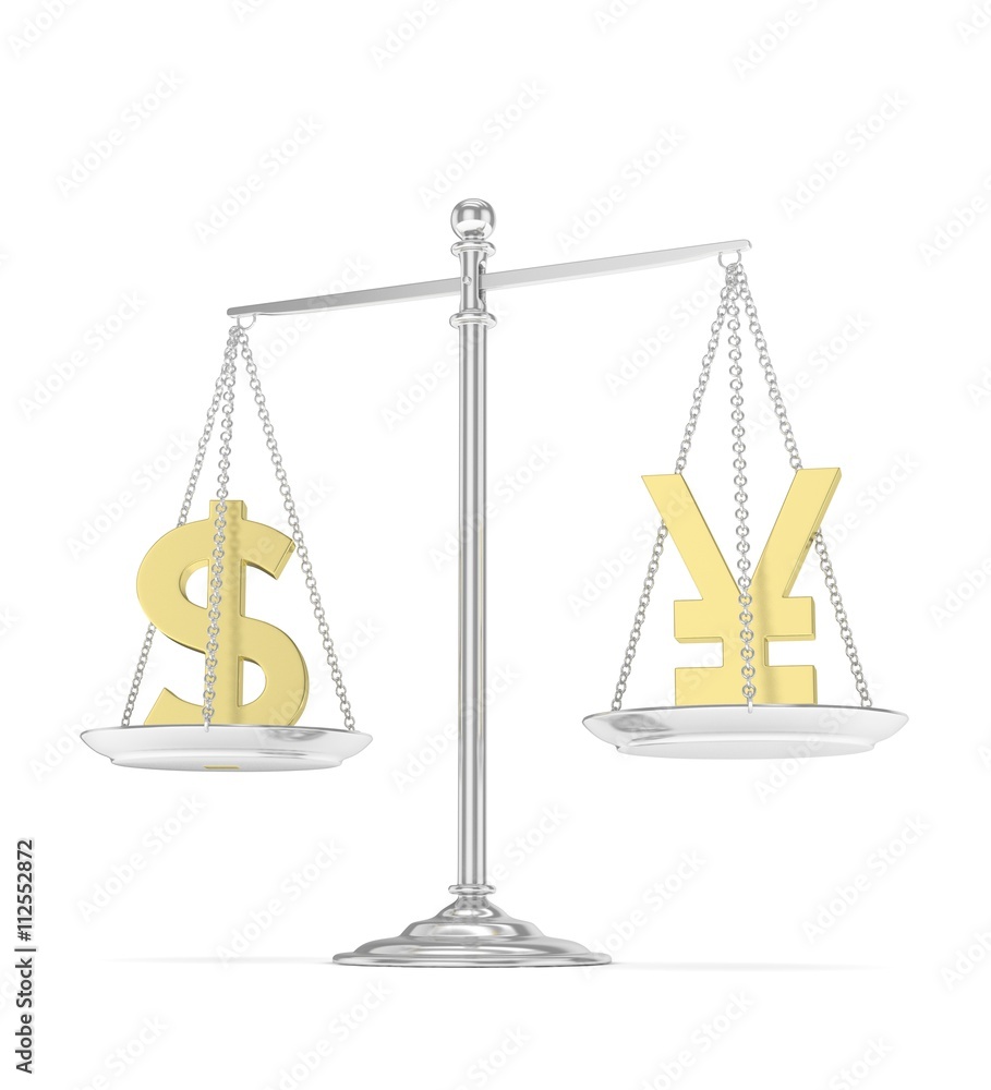 Isolated old fashioned pan scale with dollar and yuan,yen on white background. American and chinese and japanese currency. Currency equality. 3D rendering. Isolated old fashioned pan scale with dollar and yuan,yen on white background. American and chinese and japanese currency. Currency equality. 3D rendering.