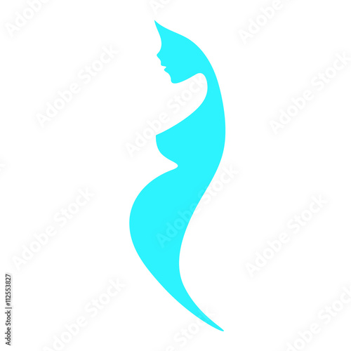 Beautiful nude pregnant woman silhouette, abstract turquoise blue subtle colors, elegant linear sketch symbol of motherhood, expectant mother, prospective mother, prenatal care