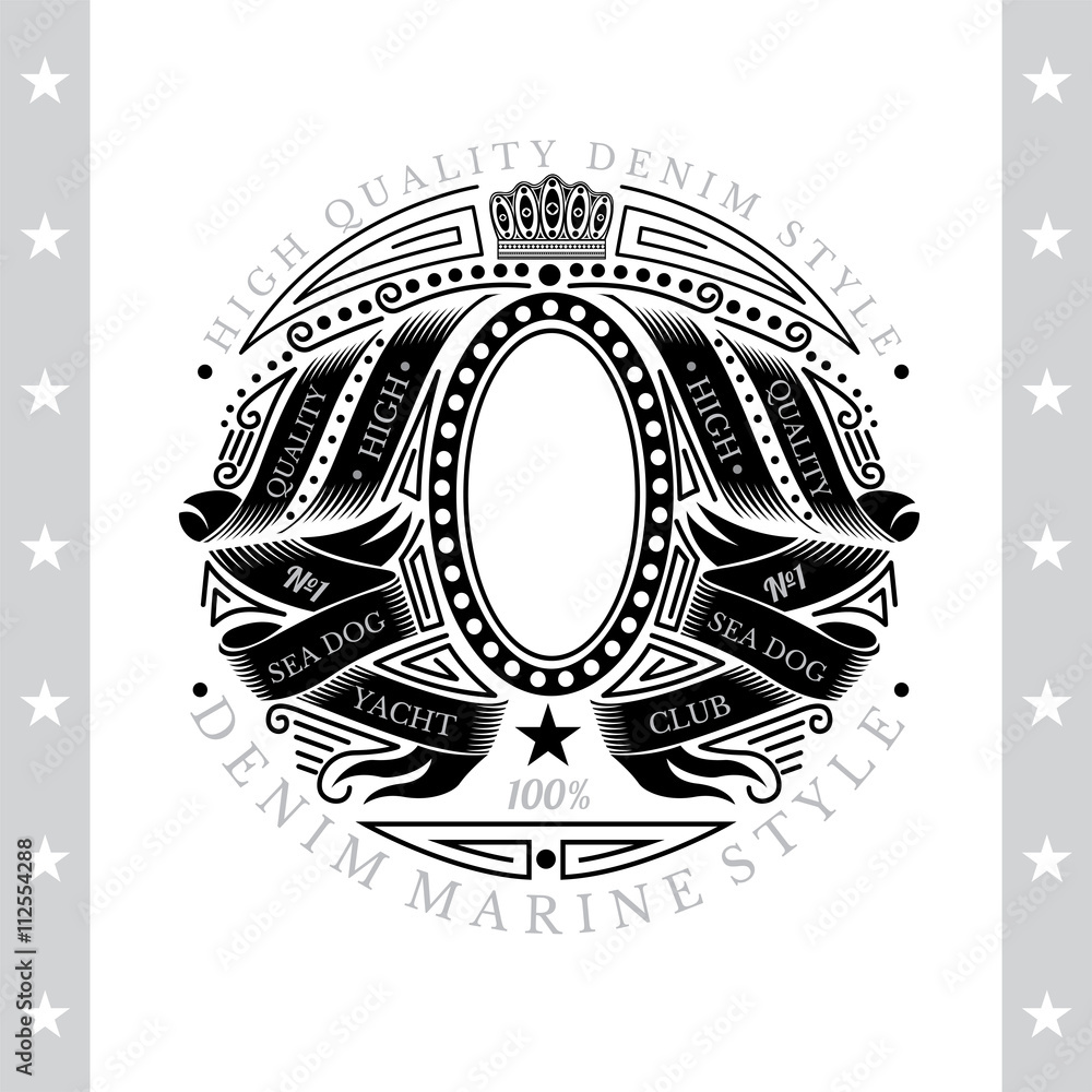 Obraz premium Oval Frame In Center Between Winding Ribbons Pattern. Vintage Label With Coat of Arms Isolated On White