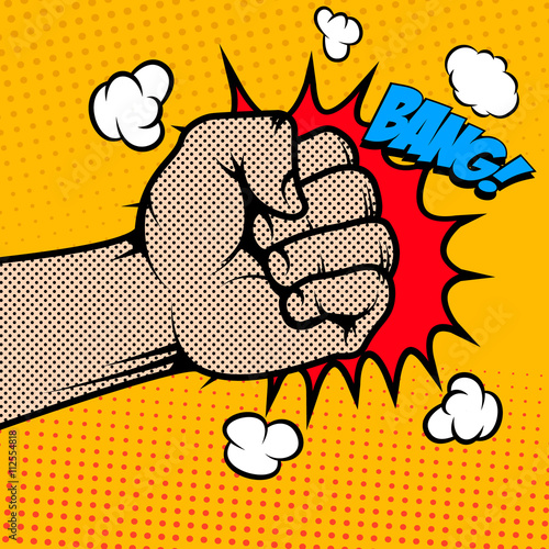 Bang. Human fist in pop art style. Design element in vector.