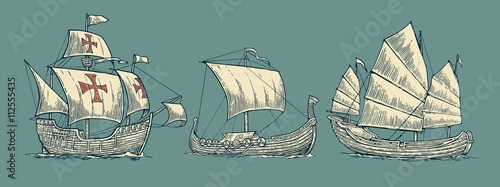 Caravel, drakkar, junk. Set sailing ships floating on the sea waves