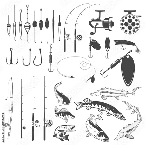 Set of fishing tools, river fish icons, equipment for fishing. D