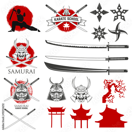 Set of karate school labels, emblems and design elements. Katana