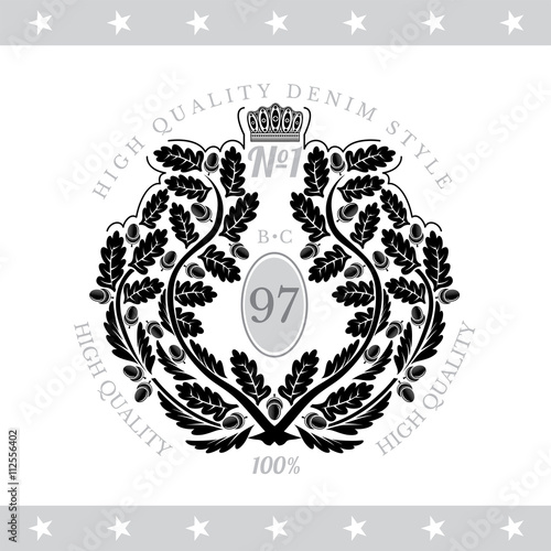 Abstract Wreath From Oak Branch. Vintage Label With Coat of Arms Isolated On White