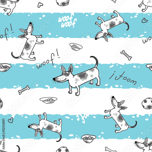 The seamless vector pattern with light stripes and funny dogs.