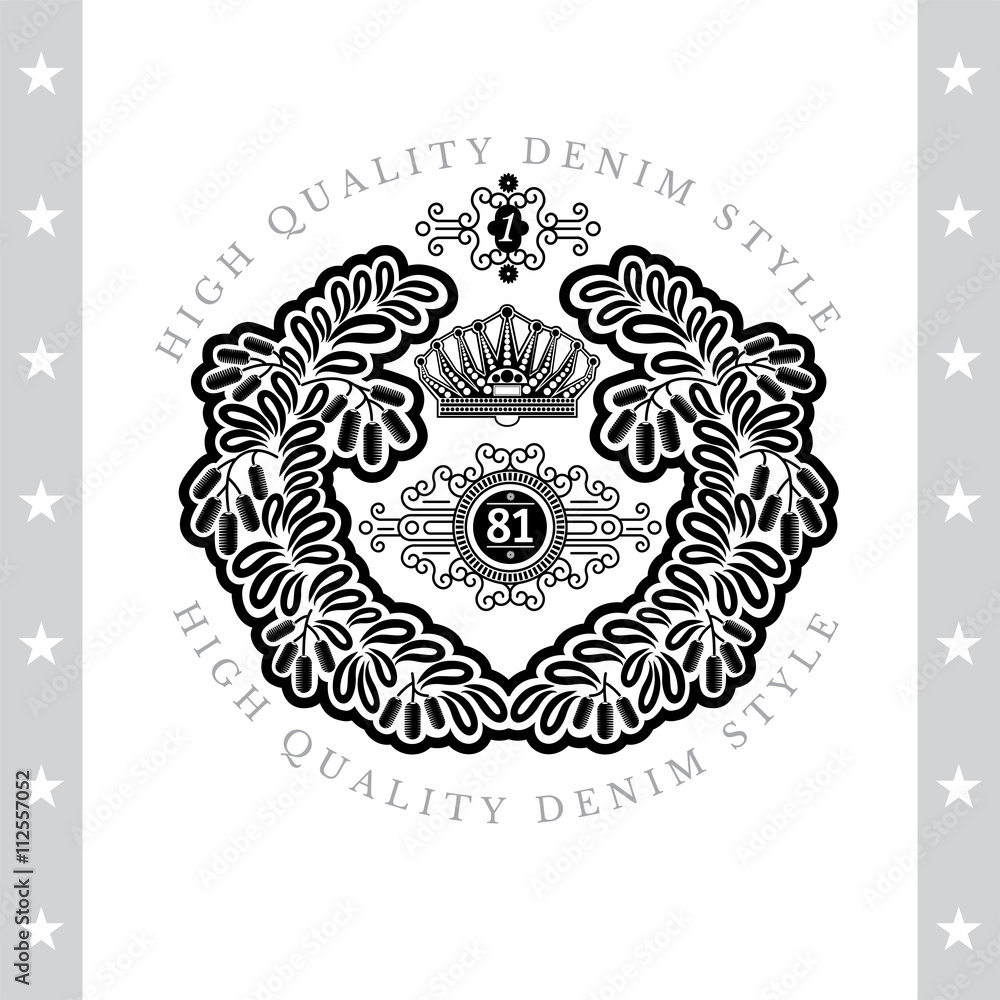 Crown Inside Of Abstract Round Wreath From Barberry. Vintage Label With Coat of Arms Isolated On White