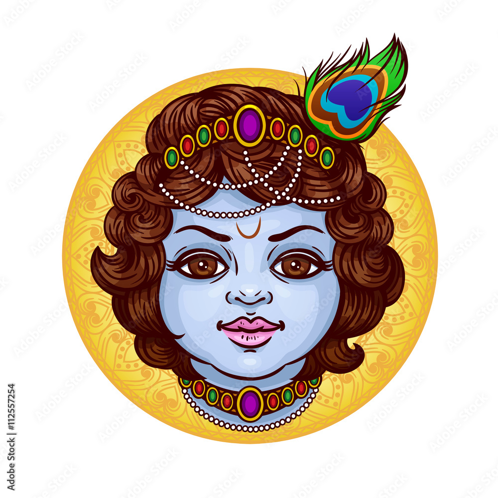 Baby Krishna with ornament on background. Vector cartoon illustration of  hindu god, isolated characters. Stock Illustration | Adobe Stock