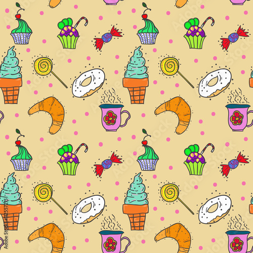 Seamless pattern with sweets and candies. Can be used as packing paper design.
