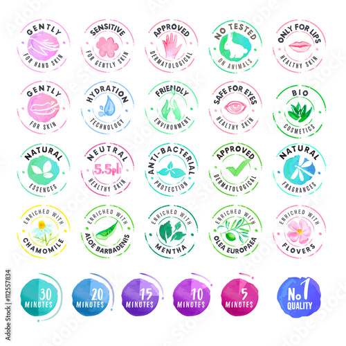 Set of hand drawn watercolor stickers for cosmetics. Vector illustrations for graphic and web design, for cosmetic products, natural products, skin care, makeup.