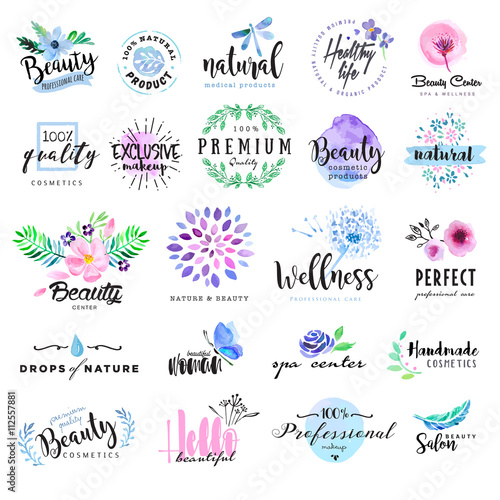 Set of hand drawn watercolor labels and badges for beauty, healthy life and wellness. Vector illustrations for graphic and web design, for cosmetics, natural products, spa, beauty center.
