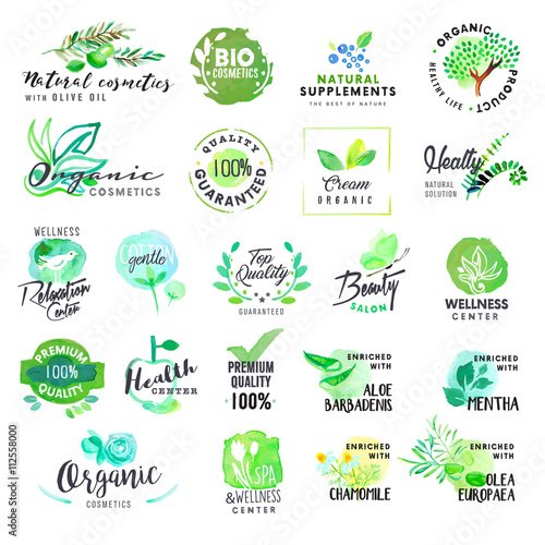 Set of hand drawn watercolor labels and badges for cosmetics and health care. Vector illustrations for graphic and web design, for natural products, spa and wellness, beauty and healthy life.
