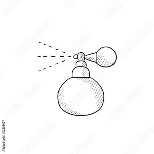 Perfume bottle spraying sketch icon.